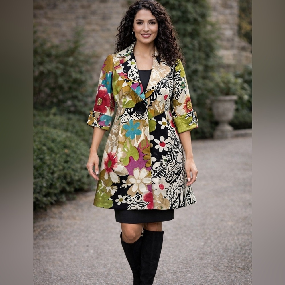 3 Sisters A Line Swing Coat Trench Coat Jacket Artsy Floral Women’s Size Small